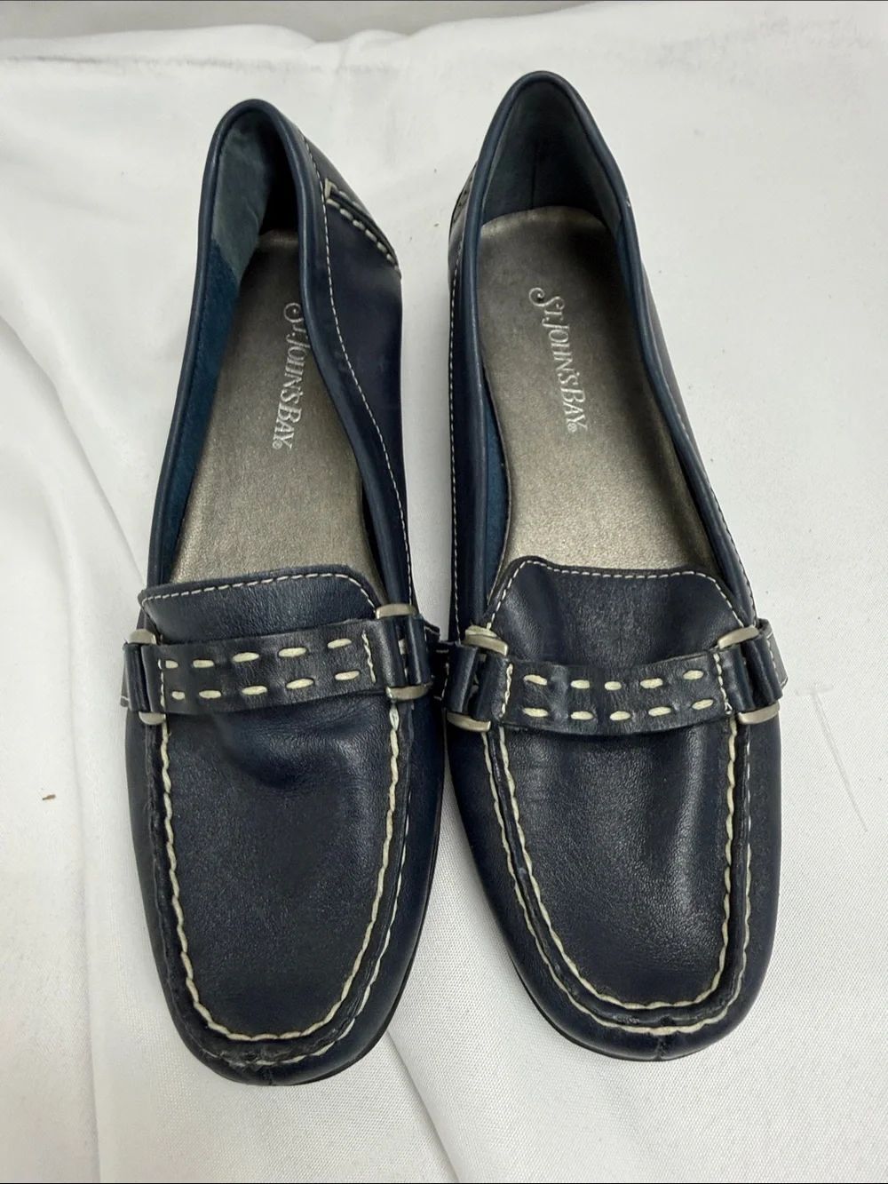 St. John's Bay Navy Leather Loafers with White Stitching